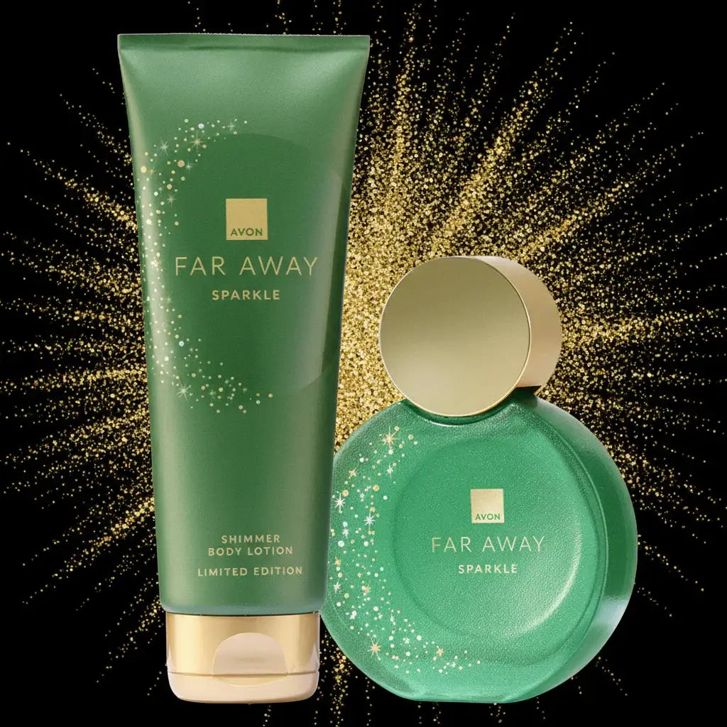 Far Away Sparkle Eau de Parfum and Body Lotion Gift Set Limited Edition in green packaging with sparkling background.