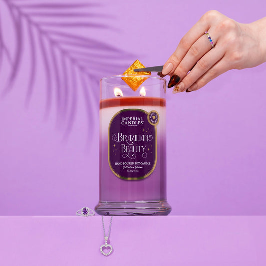 Hand-poured Imperial Candles Brazilian Beauty, featuring vibrant colours and luxurious scents, perfect for a fragrant indulgence.