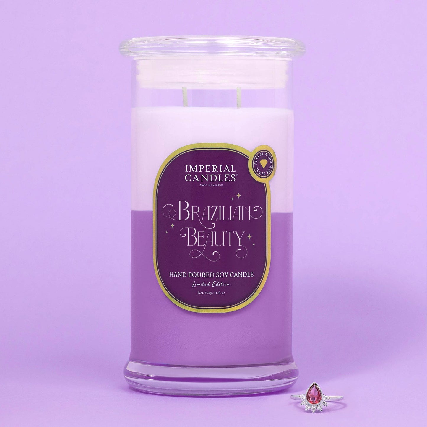 Luxurious Imperial Candles Brazilian Beauty, a two-layered scented jewellery candle with floral and fruity notes.