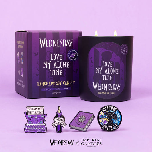 Imperial Candles - Love My Alone Time features a handmade scented candle with exclusive enamel pins for a unique experience.