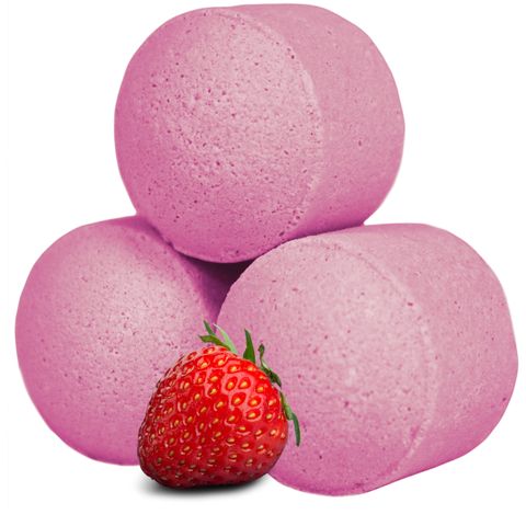 1.3 Kg Box of Chill Pills (Mini Bath Bombs) - Strawberry features vibrant pink bath bombs that evoke summer sweetness.