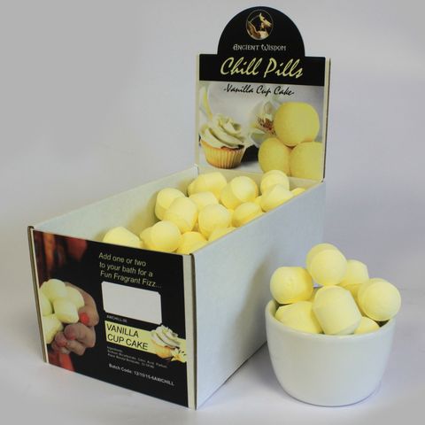 1.3Kg Box of Chill Pills (Mini Bath Bombs) - Vanilla Cup Cake, filled with delightful bath bombs for a soothing soak.
