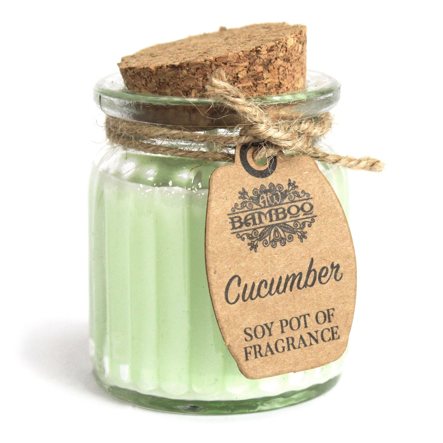 2x Cucumber Soy Pot of Fragrance Candles in a glass jar, featuring a cork lid and rustic label for a fresh aroma.
