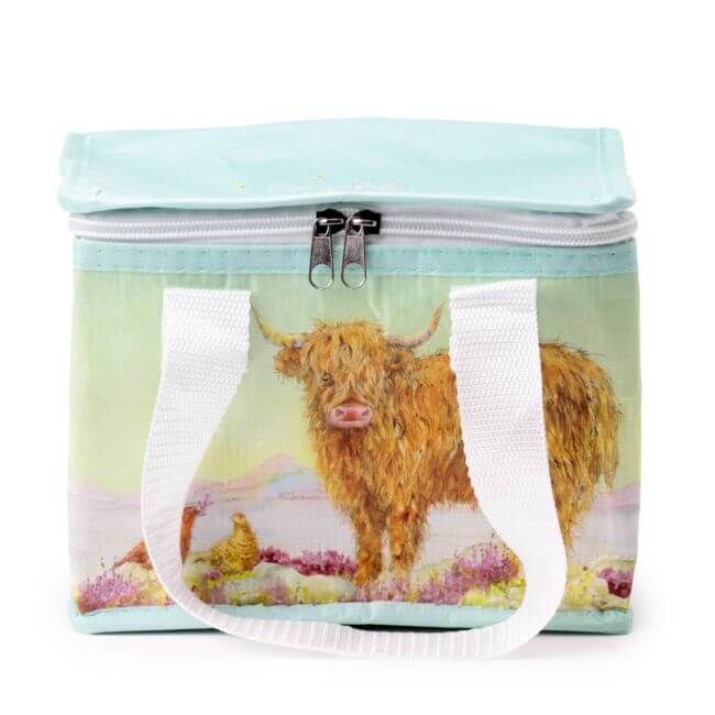Rectangular pouch with a highland cow design on a light blue background