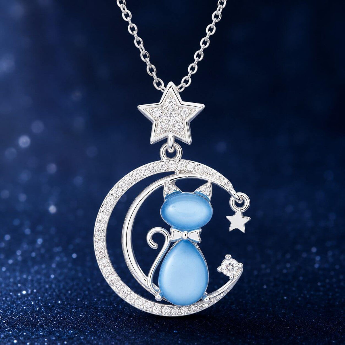 Furry Companions Cat on Moon Silver-Plated Necklace