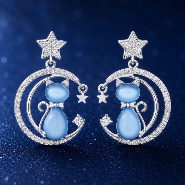Furry Companions Cat on Moon Silver-Plated Earrings