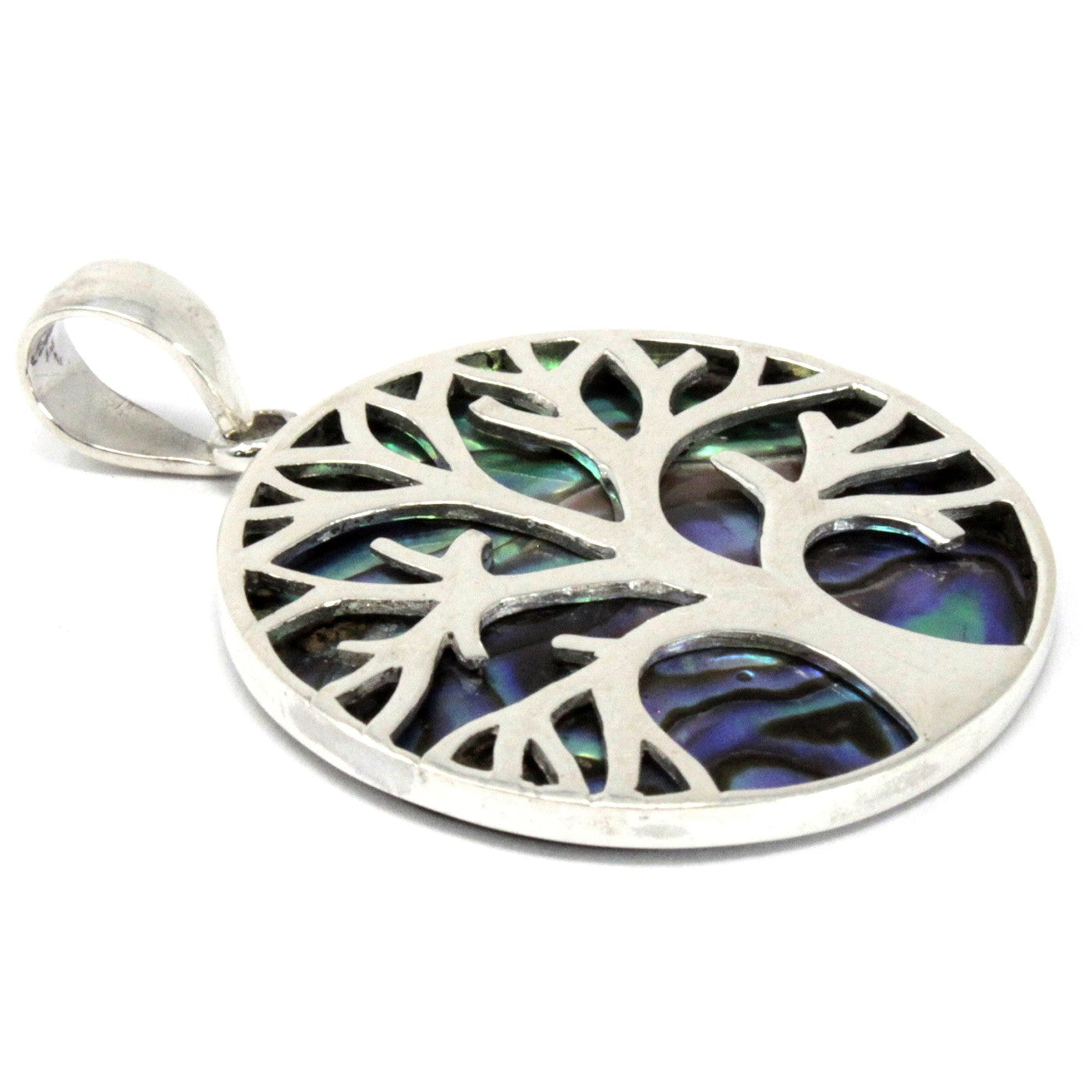 Tree of Life Silver Pendant 30mm - Abalone showcasing intricate design and vibrant colours, perfect for meaningful gifting.