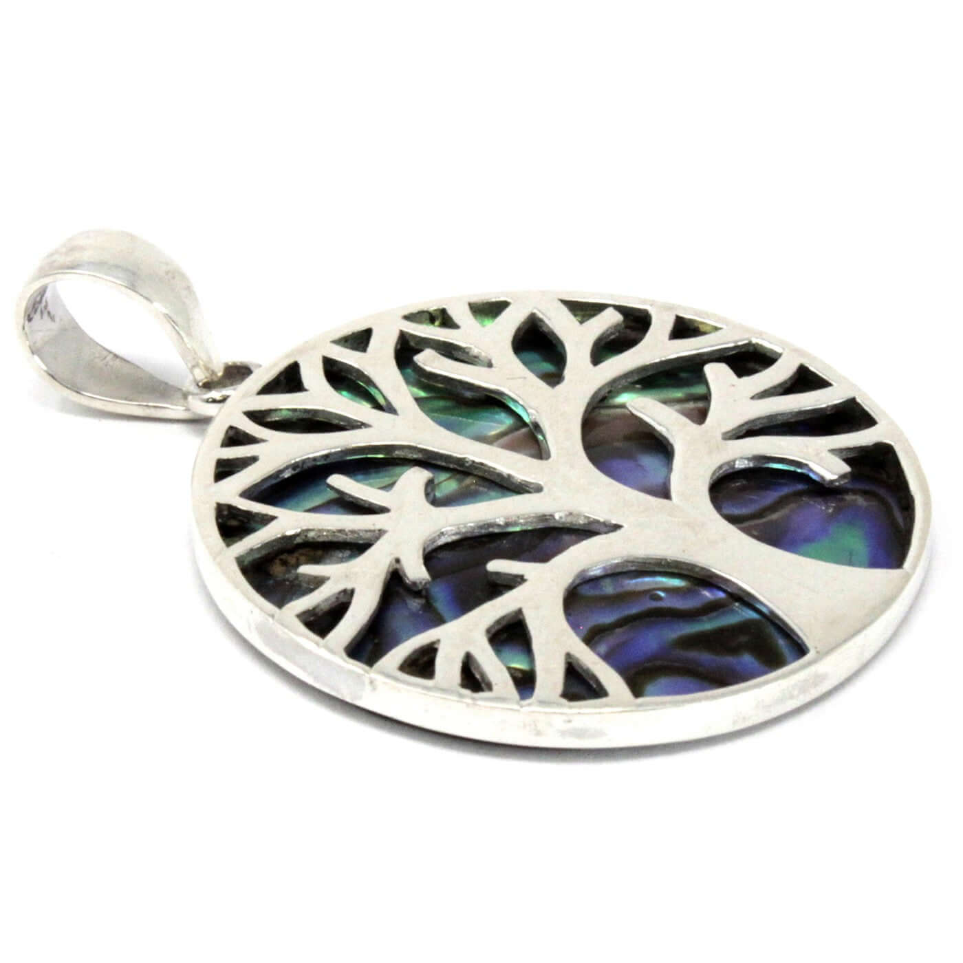 Tree of Life Silver Pendant 30mm - Abalone showcasing intricate design and vibrant colours, perfect for meaningful gifting.