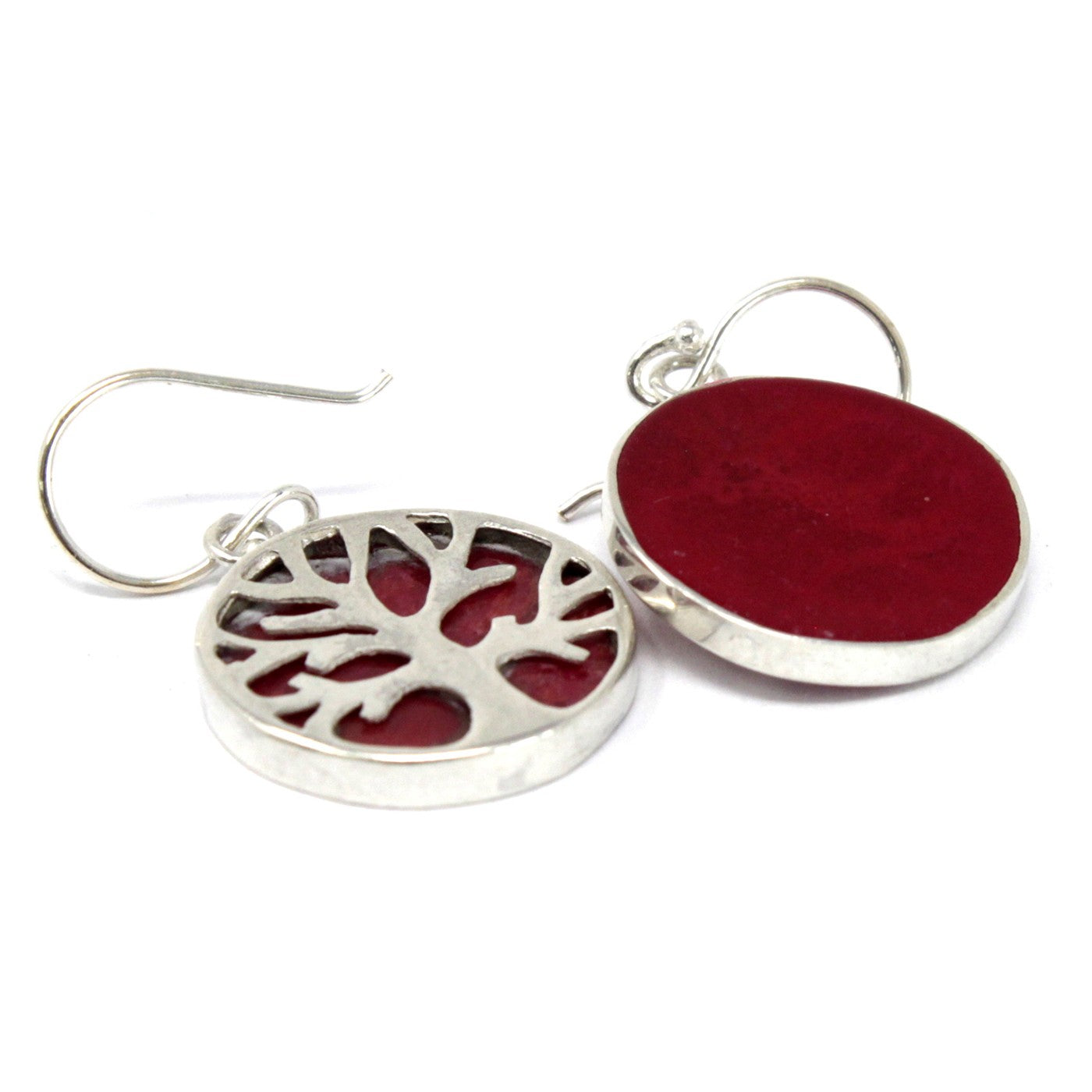 Elegant Tree of Life Silver Earrings 15mm - Coral Effect featuring intricate design and deep red accents. Perfect for any occasion.