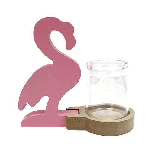 Stylish Hydroponic Home Décor - Pink Flamingo Pot with a glass tube in a wooden base, perfect for any space.