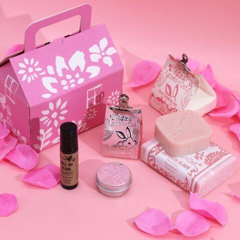 Agnes & Cat Wellness Gift Set - Bloom & Bliss with coconut soap, shampoo, lip balm, and essential oil blend.