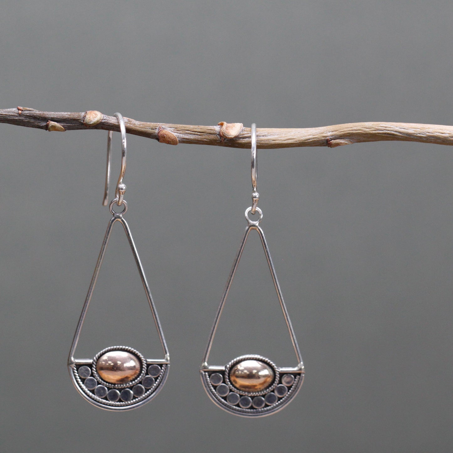 Stylish Silver and 18ct Gold earrings, Luna Balance, featuring a unique design and elegant drop. Perfect for any occasion.