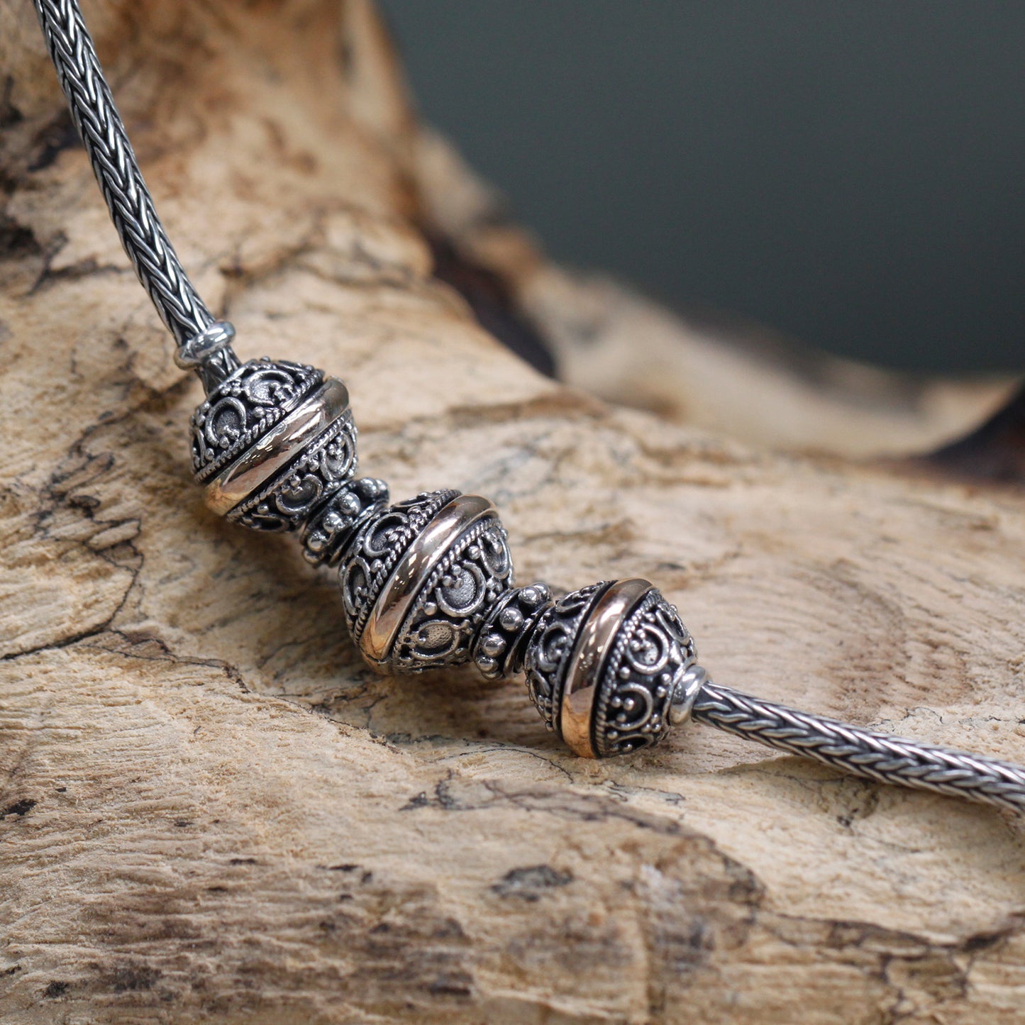 Elegant Silver & Gold Necklace -Tri showcasing intricate design in 925 Silver and 18k Gold, 44.5cm length.