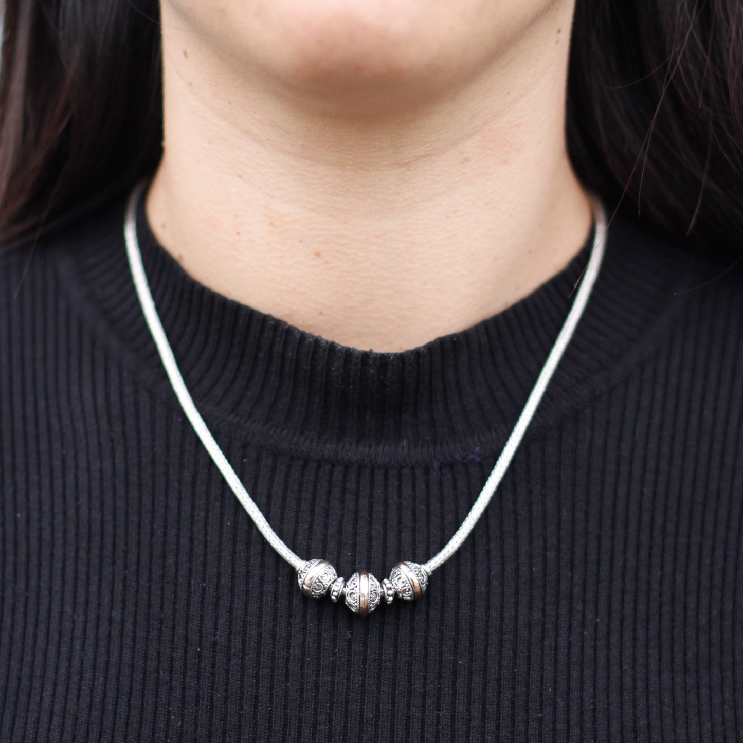 Stylish Silver & Gold Necklace -Tri showcasing intricate design, perfect for any occasion, 44.5cm long and 24 grams.