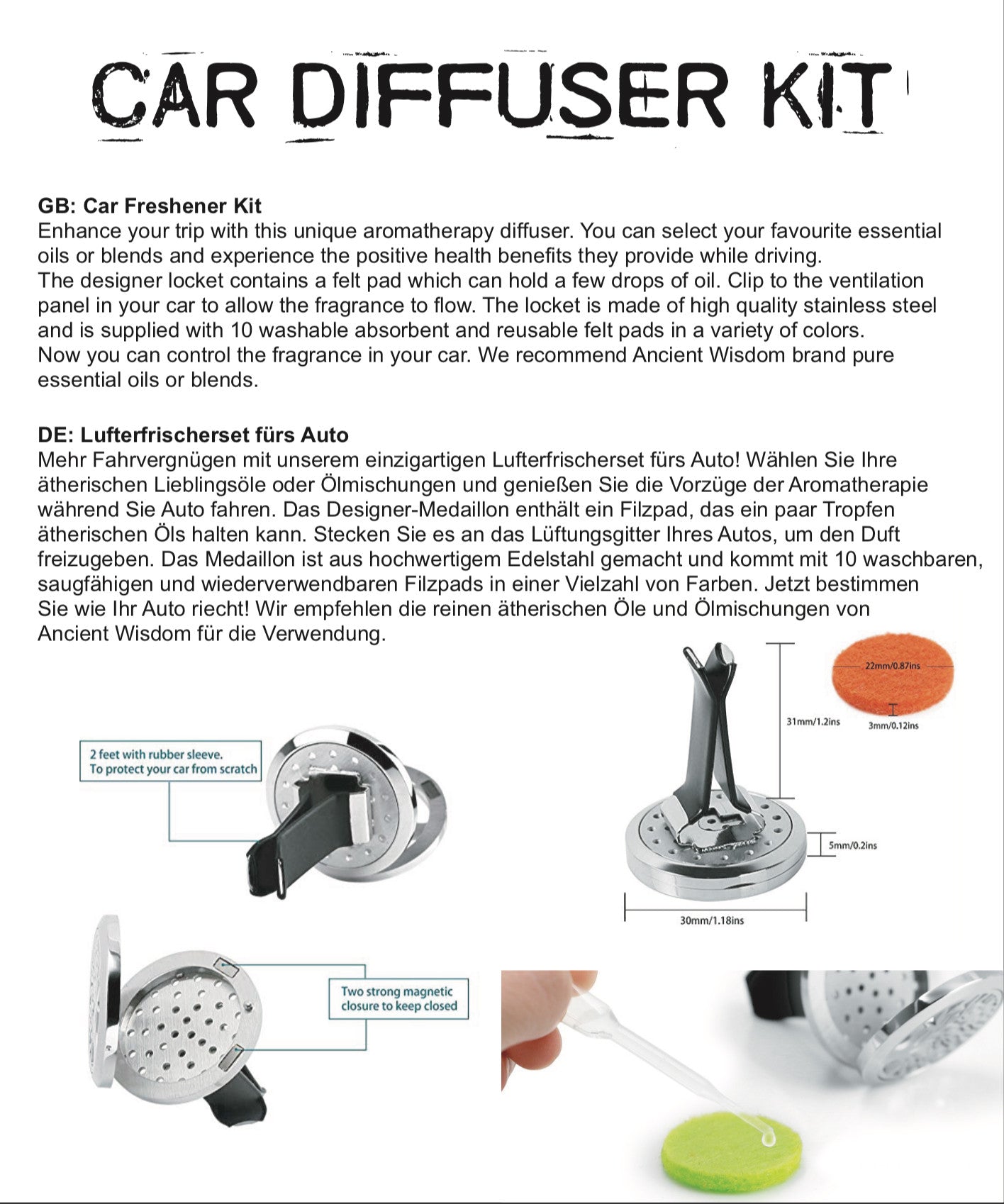 A stylish Car Diffuser Kit -30mm - Choose your Fav for aromatherapy while driving, featuring a stainless steel locket from AW.