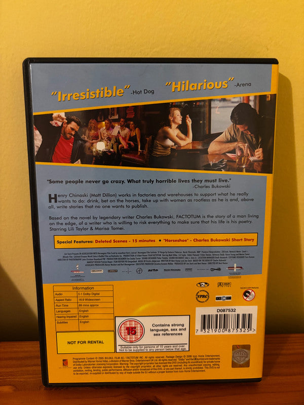 Factotum DVD Starring Matt Dillon showcases Henry Chinaski's gritty life based on Bukowski's novel. Available now!