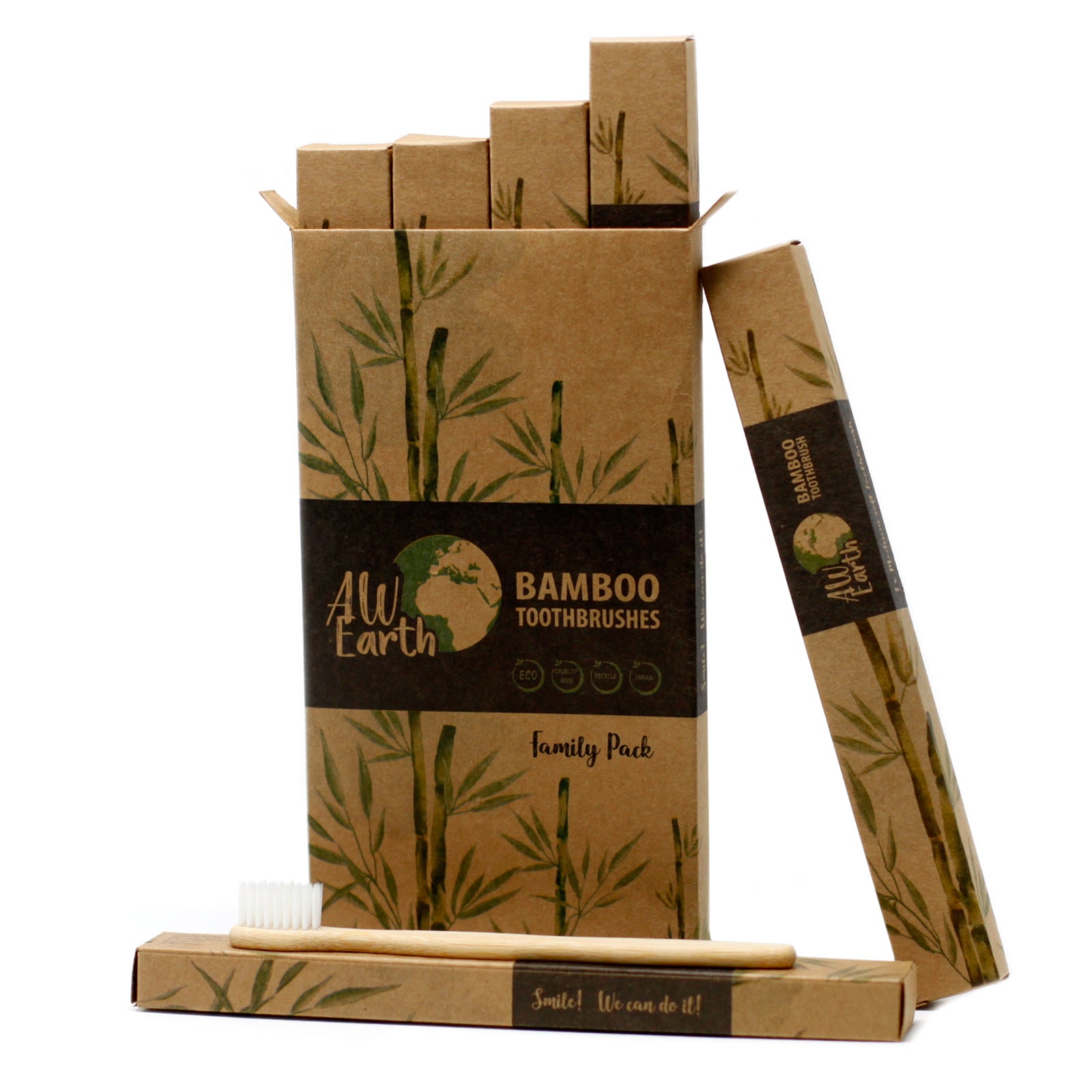 Bamboo Toothbrush - White - Family Pack of 4 - Med Soft by AW Earth, eco-friendly and comfortable for daily use.