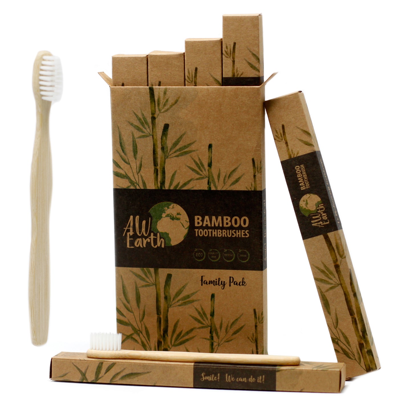 Bamboo Toothbrush - White - Family Pack of 4 - Med Soft by AW Earth, eco-friendly and comfortable for daily use.
