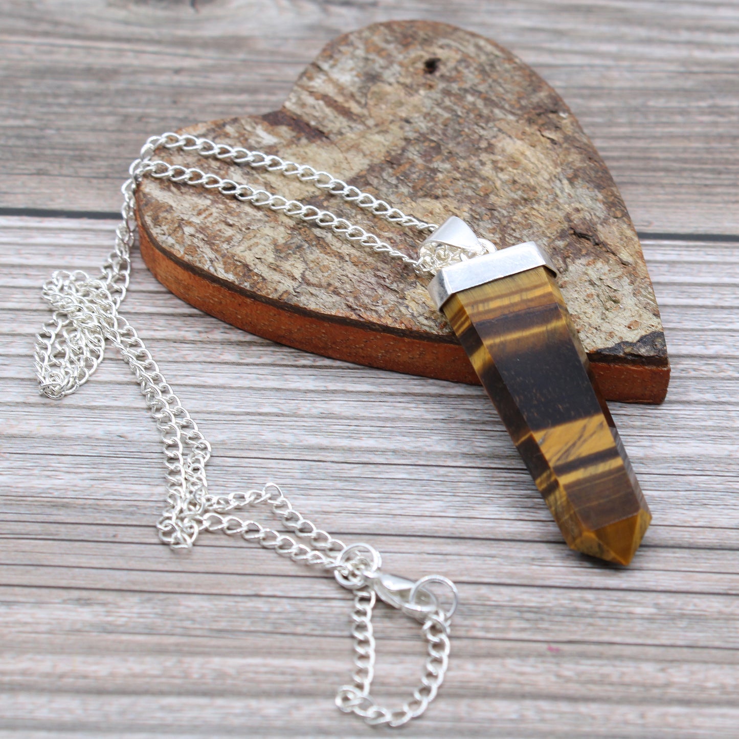 Gemstone Flat Pencil Pendant - Choose your favourite Gemstone, featuring a unique Tiger's Eye design and silver chain.