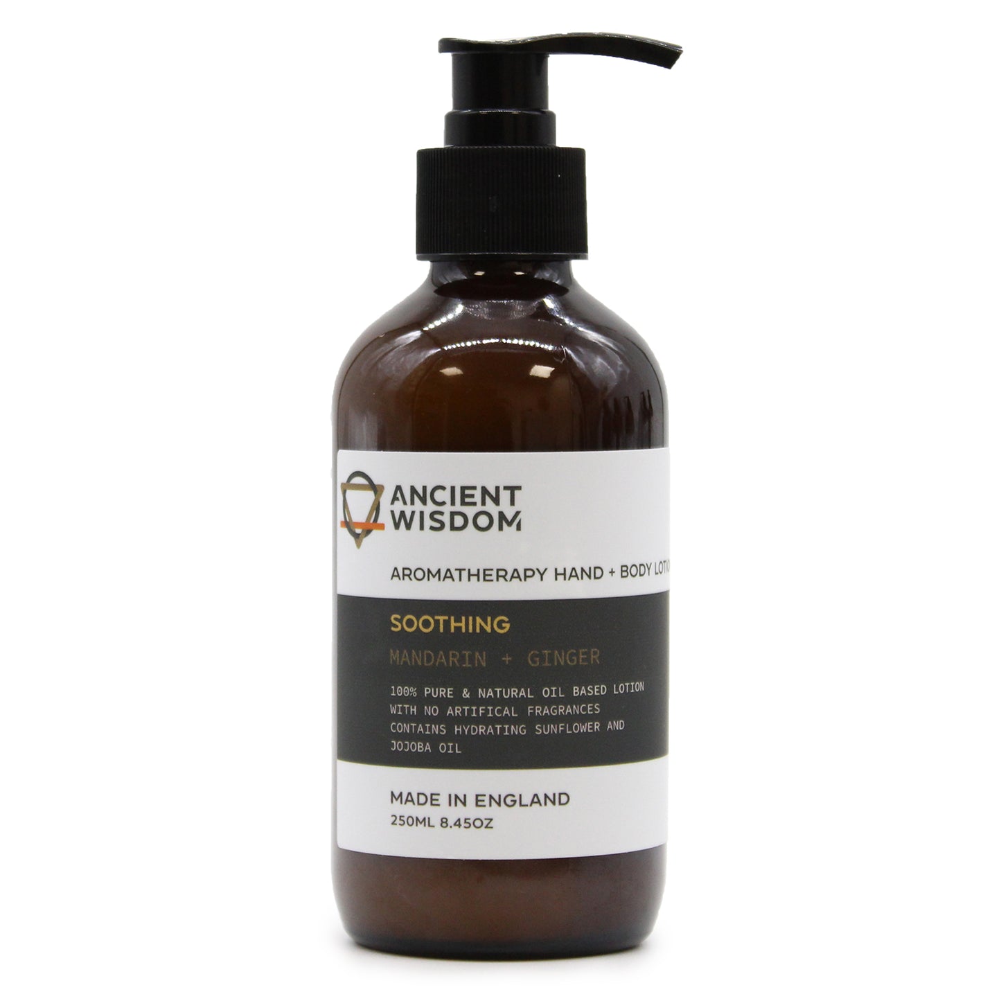 Aromatherapy Hand & Body Lotion by Ancient Wisdom, soothing Mandarin and Ginger in a 250ml bottle. Indulge your senses.
