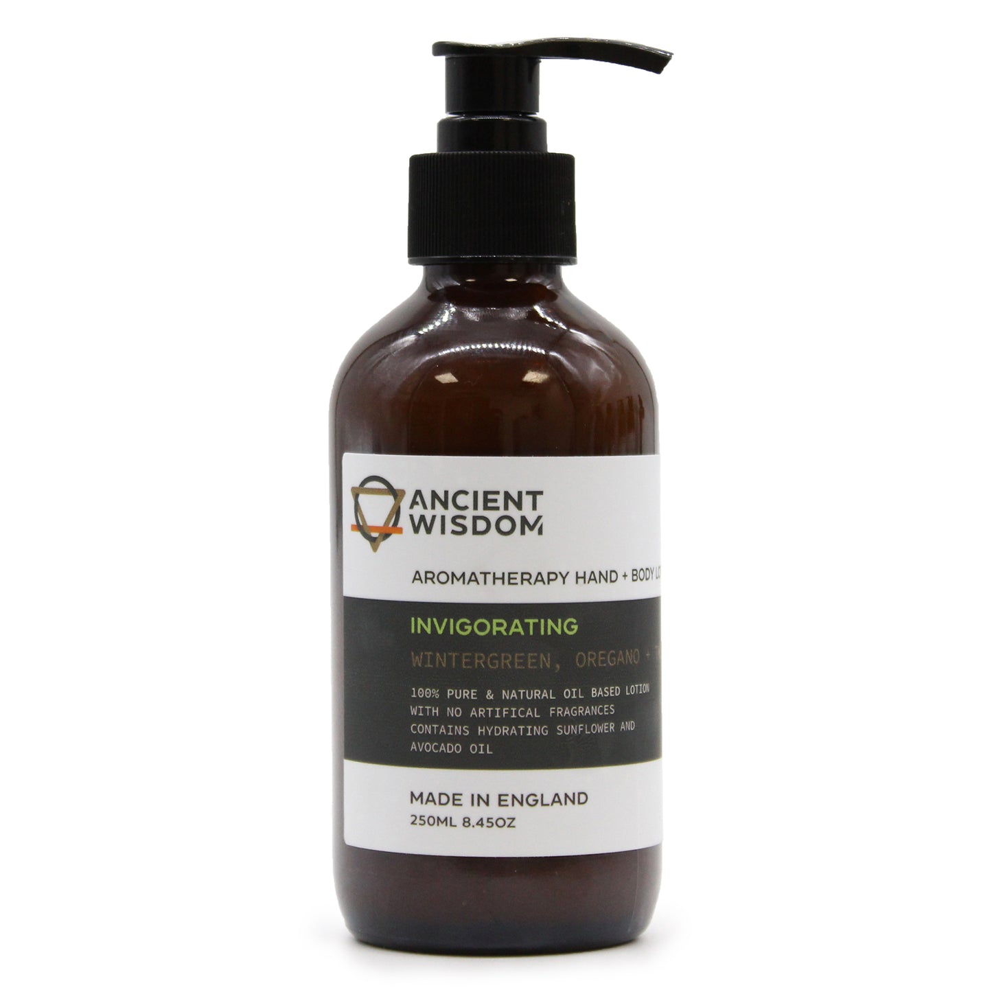 Aromatherapy Hand & Body Lotion from Ancient Wisdom, infused with invigorating wintergreen and oregano scents.