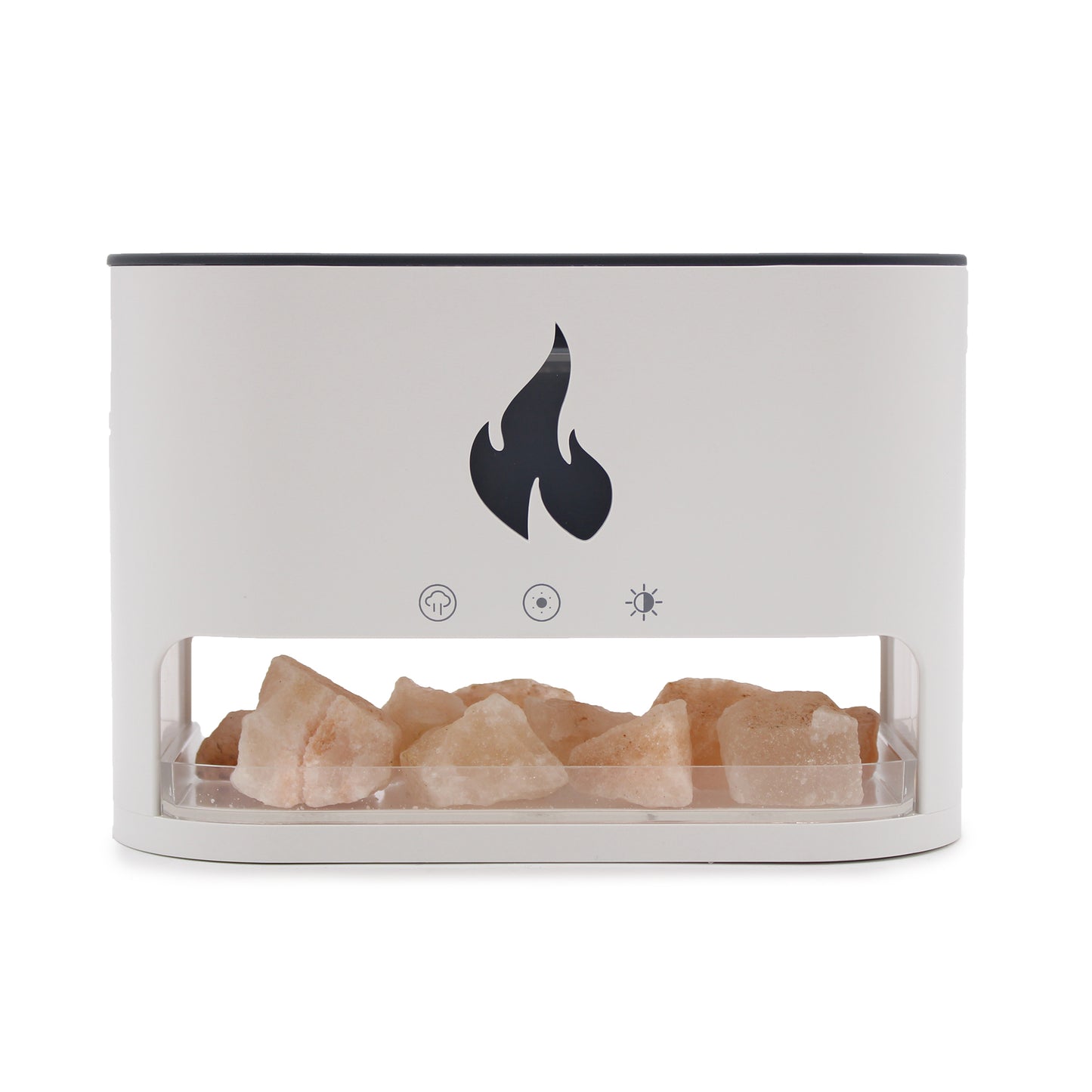 White Blaze Aroma Diffuser - Himalayan Salt Chamber - USB-C - Flame Effect (Salt included) enhances relaxation with a flame effect.