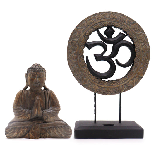 Buddha Feng Shui Set - Om - Grey features a serene Buddha and a striking Om symbol, perfect for spiritual spaces.