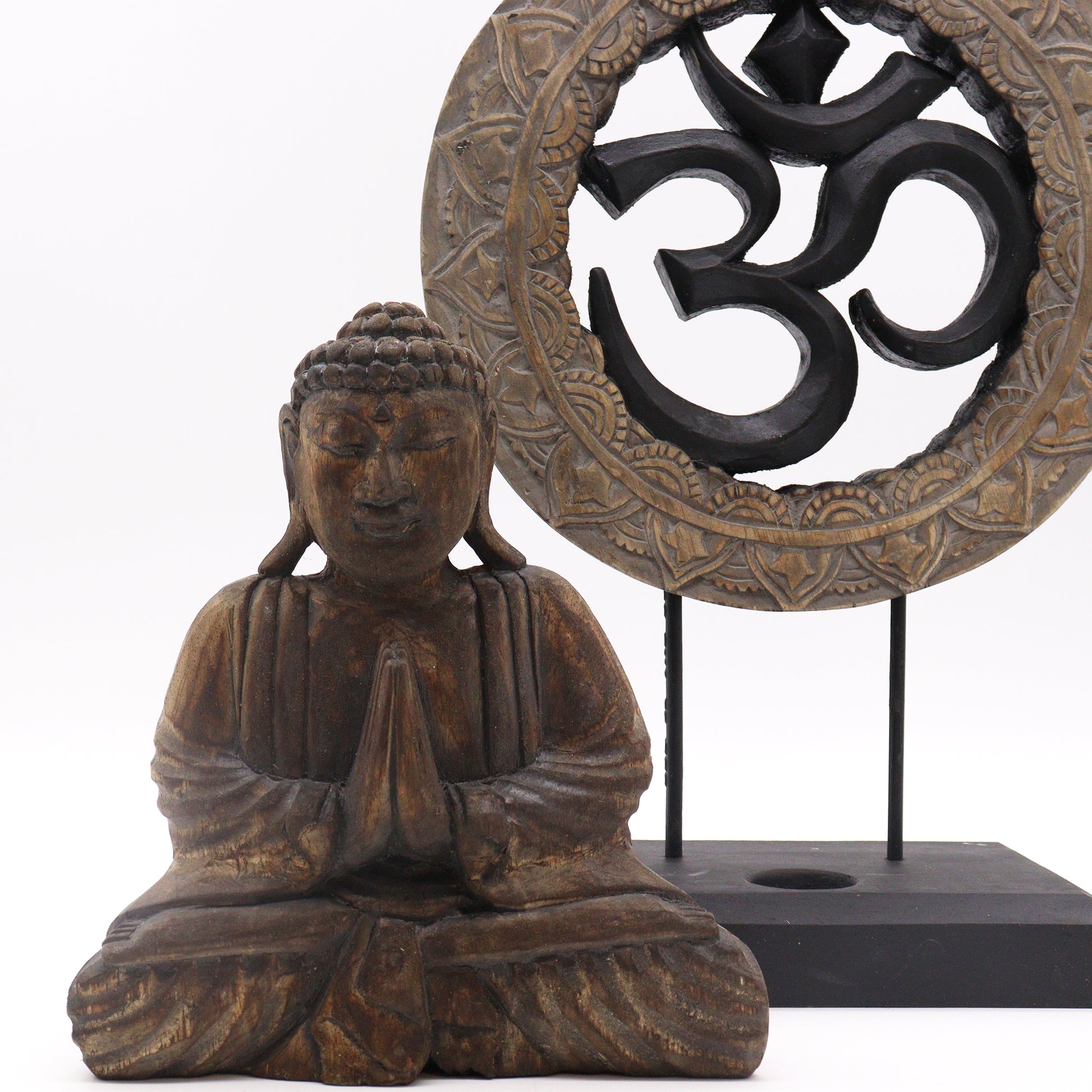 Buddha Feng Shui Set - Om - Grey features a serene Buddha and Om symbol, enhancing spiritual harmony in your space.