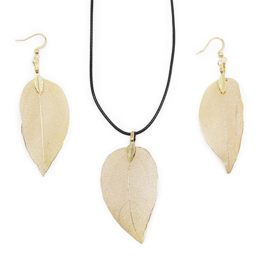 Gold Necklace & Earring Set featuring real leaves from the Bravery Leaf collection, perfect for unique gift giving.