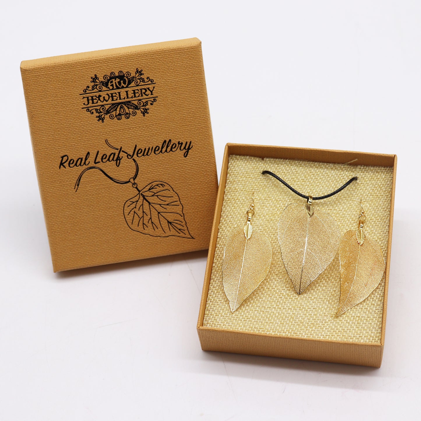 Bravery Leaf Necklace & Earring Set in gold, crafted from real leaves, perfect for a unique gift.