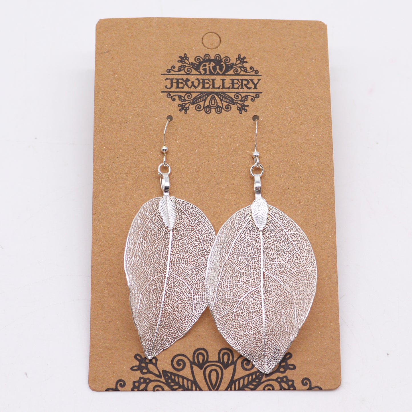 Earrings - Bravery Leaf - Choose From Silver, Multicoloured or Gold Plated, showcasing real leaves transformed into metal.