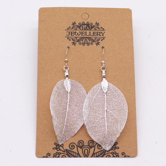 Earrings - Bravery Leaf - Choose From Silver, Multicoloured or Gold Plated, showcasing real leaves transformed into metal.