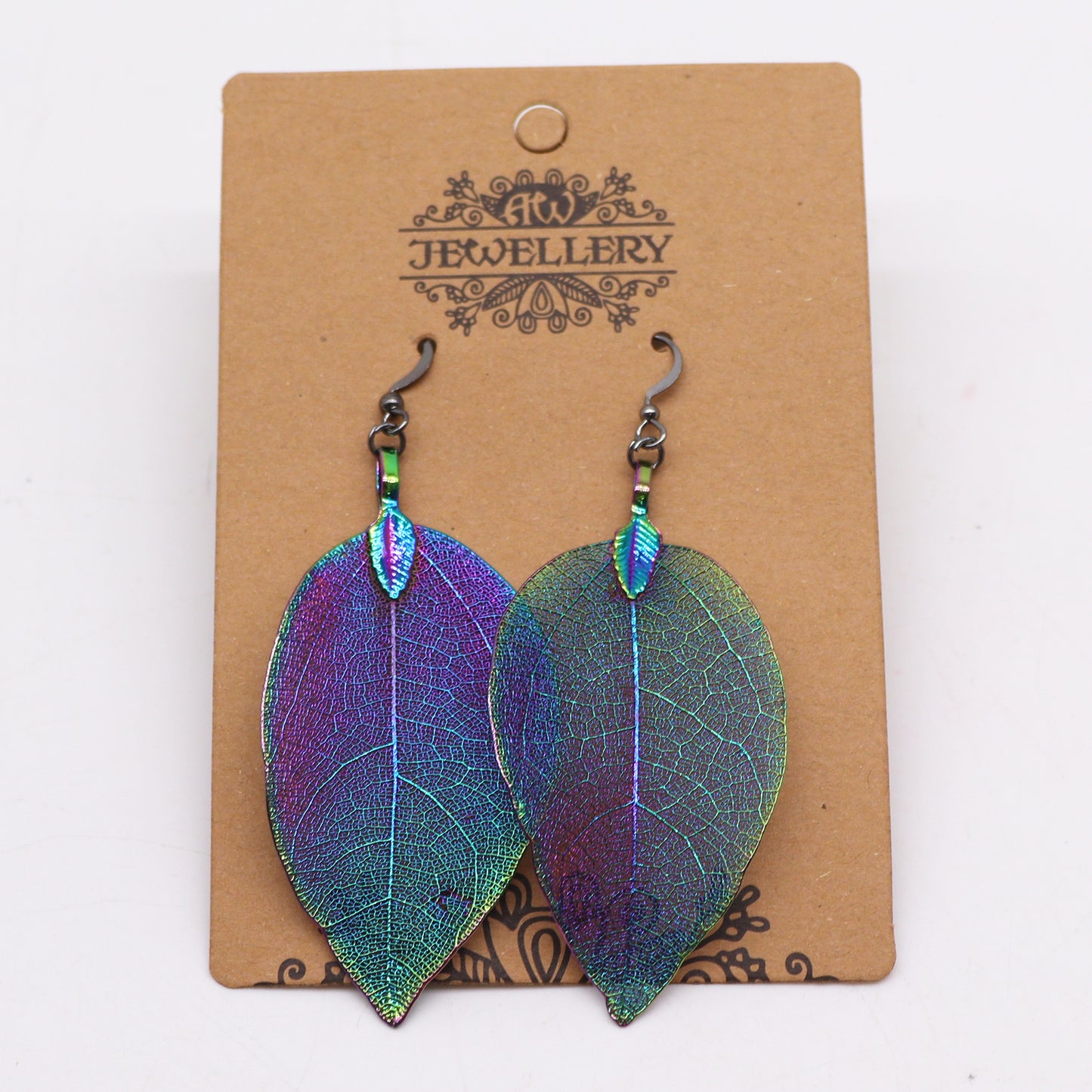 Multicoloured Earrings - Bravery Leaf, crafted from real leaves, available in Silver, Multicoloured or Gold Plated.