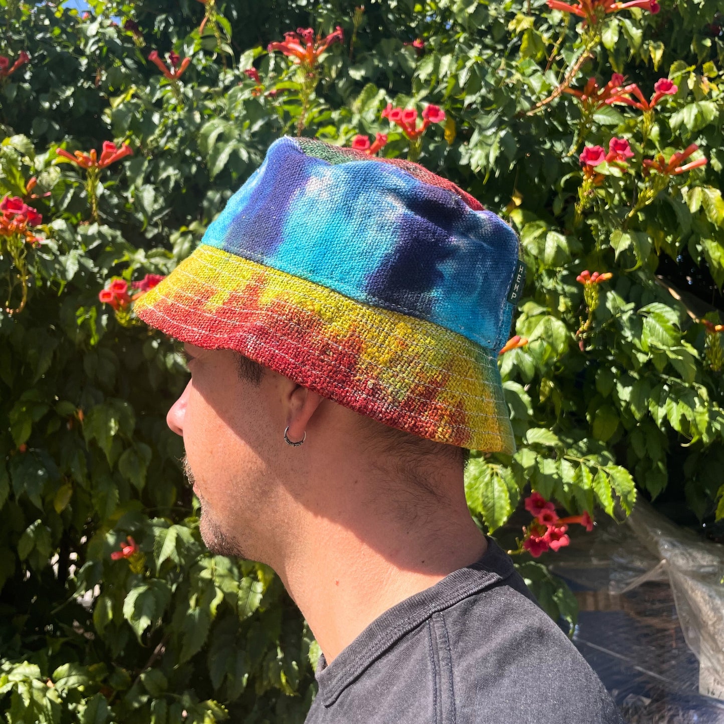 Stylish Patched Hemp boho festival hat in vibrant tiedye, perfect for free spirits and eco-conscious fashion lovers.