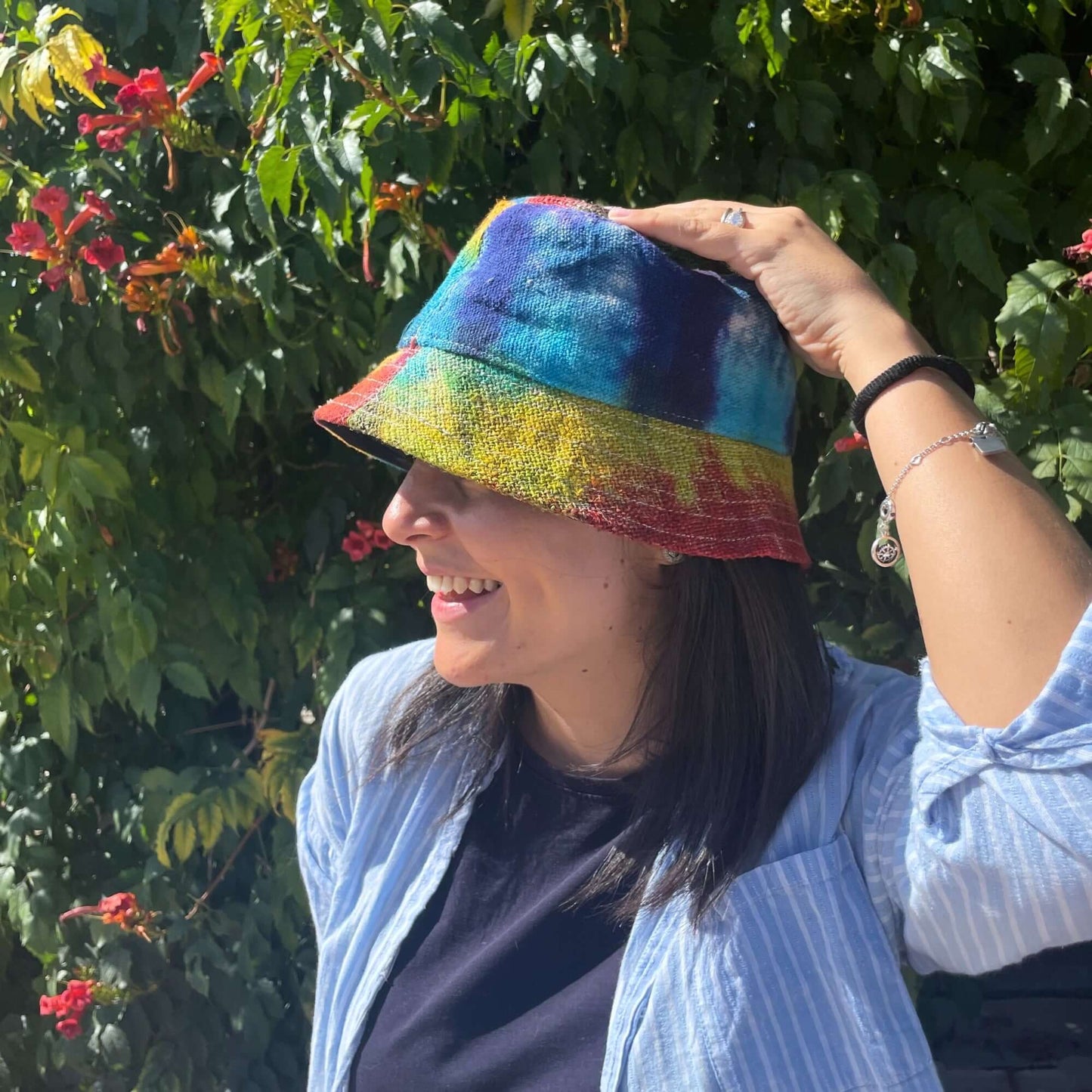 Bright and vibrant Patched Hemp Boho Festival Hat, perfect for expressing your free-spirited style outdoors.