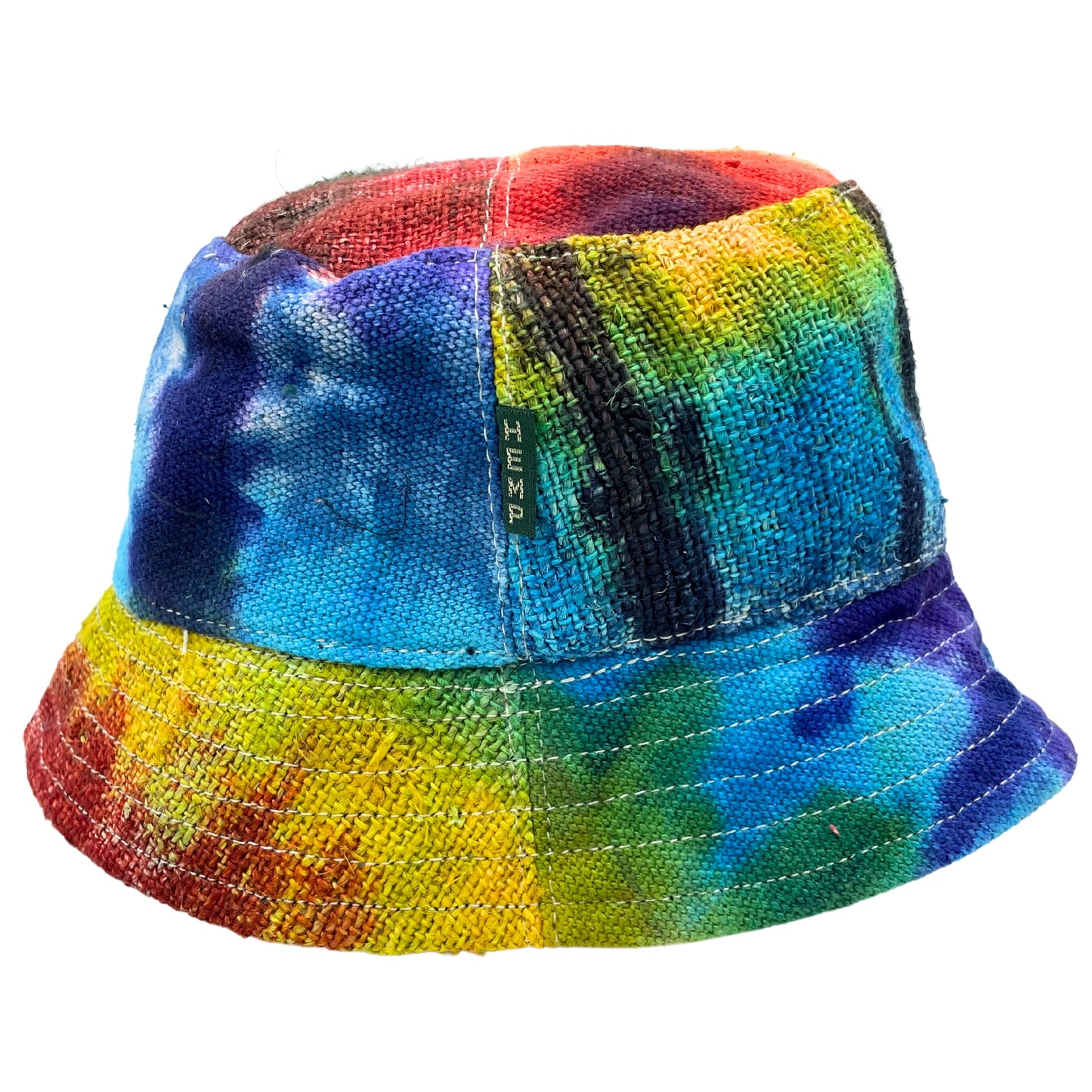Vibrant Patched Hemp and Cotton Boho Festival Hat showcasing a unique tiedye design for free-spirited fashion lovers.