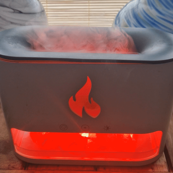 Experience the calming ambiance of the White Blaze Aroma Diffuser - Himalayan Salt Chamber - USB-C - Flame Effect (Salt included).