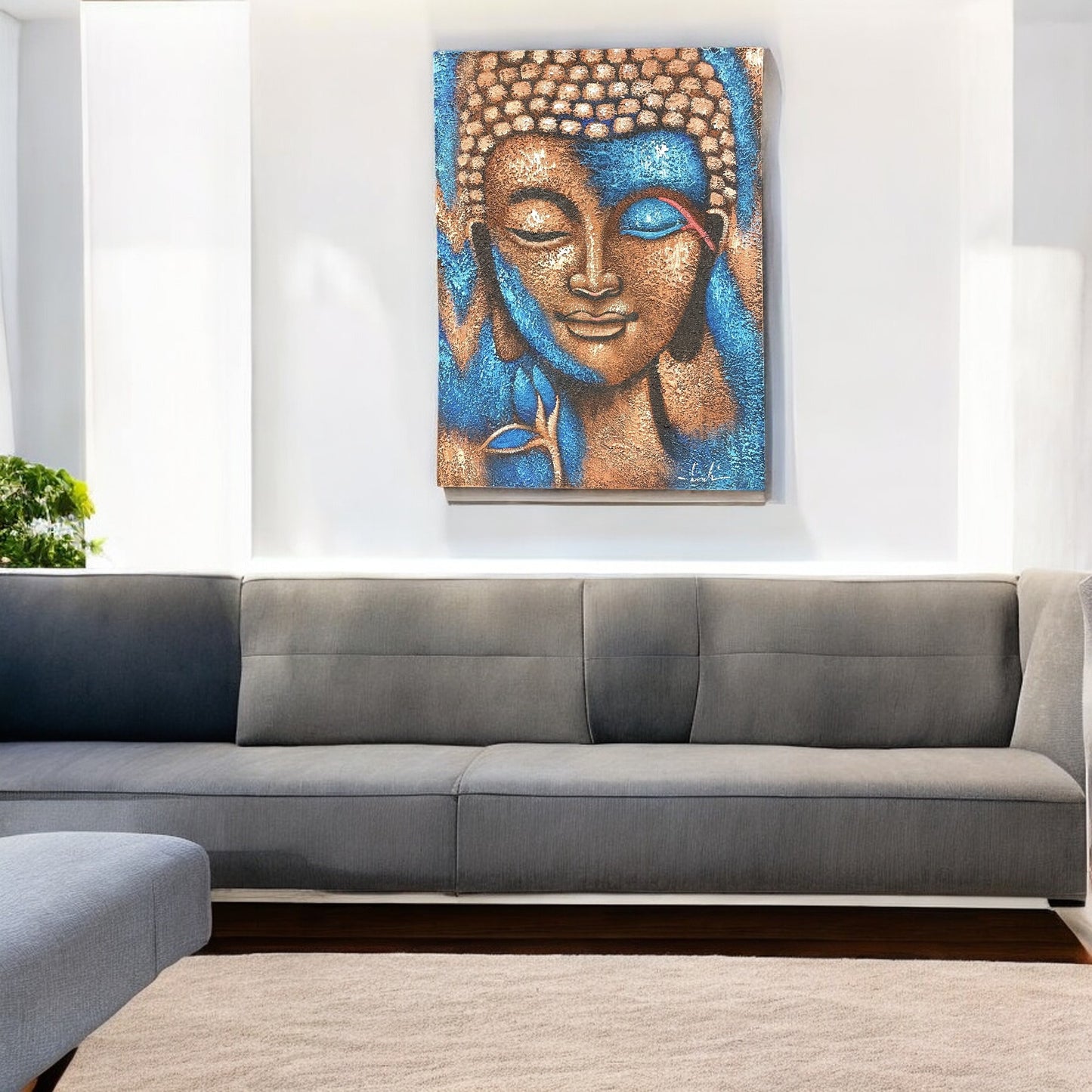 Serene Buddha Painting - Bronze & Blue Flower, hand-painted with intricate details, perfect for tranquil home decor.
