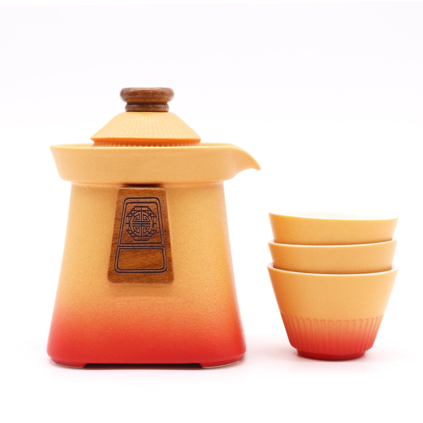 Ceramic Temple Teapot Set in Orange Earth with three matching cups, perfect for elegant tea gatherings.