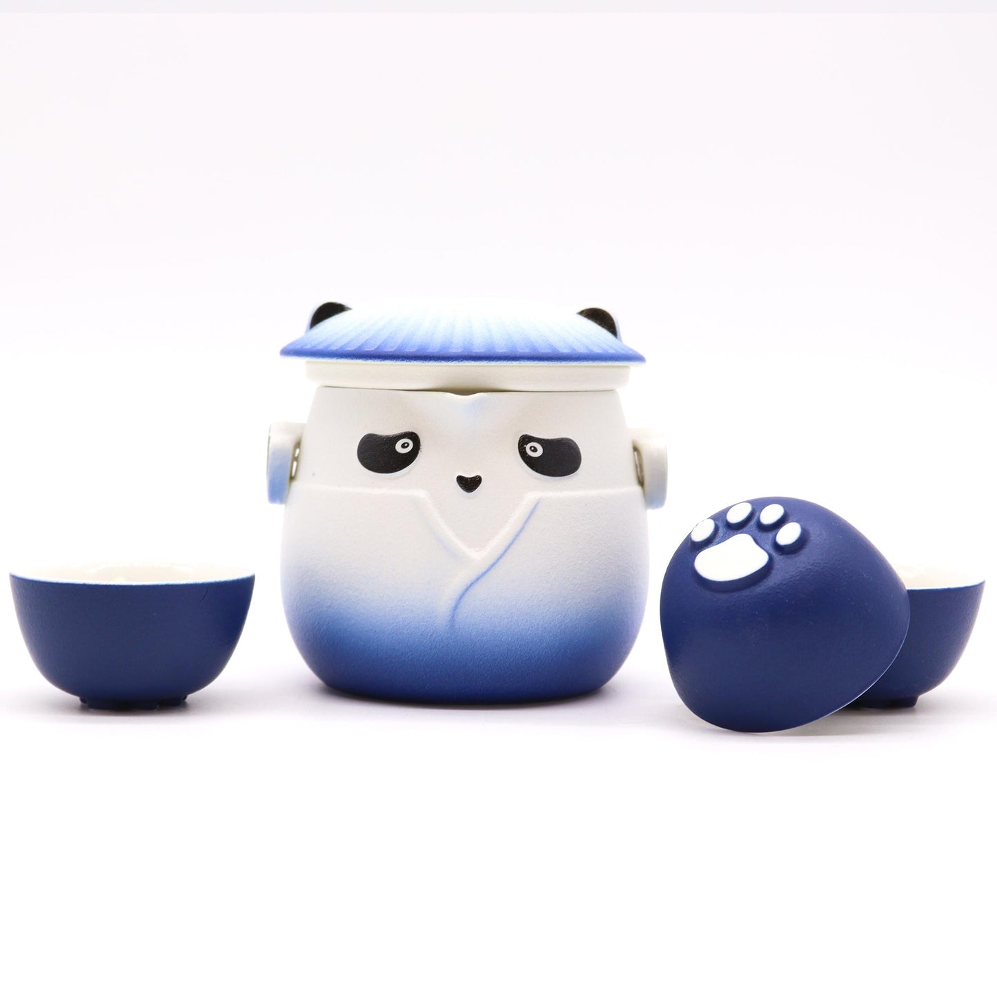 Charming Panda Teapot Set in blue, complete with three cups, perfect for tea lovers and gifting occasions.