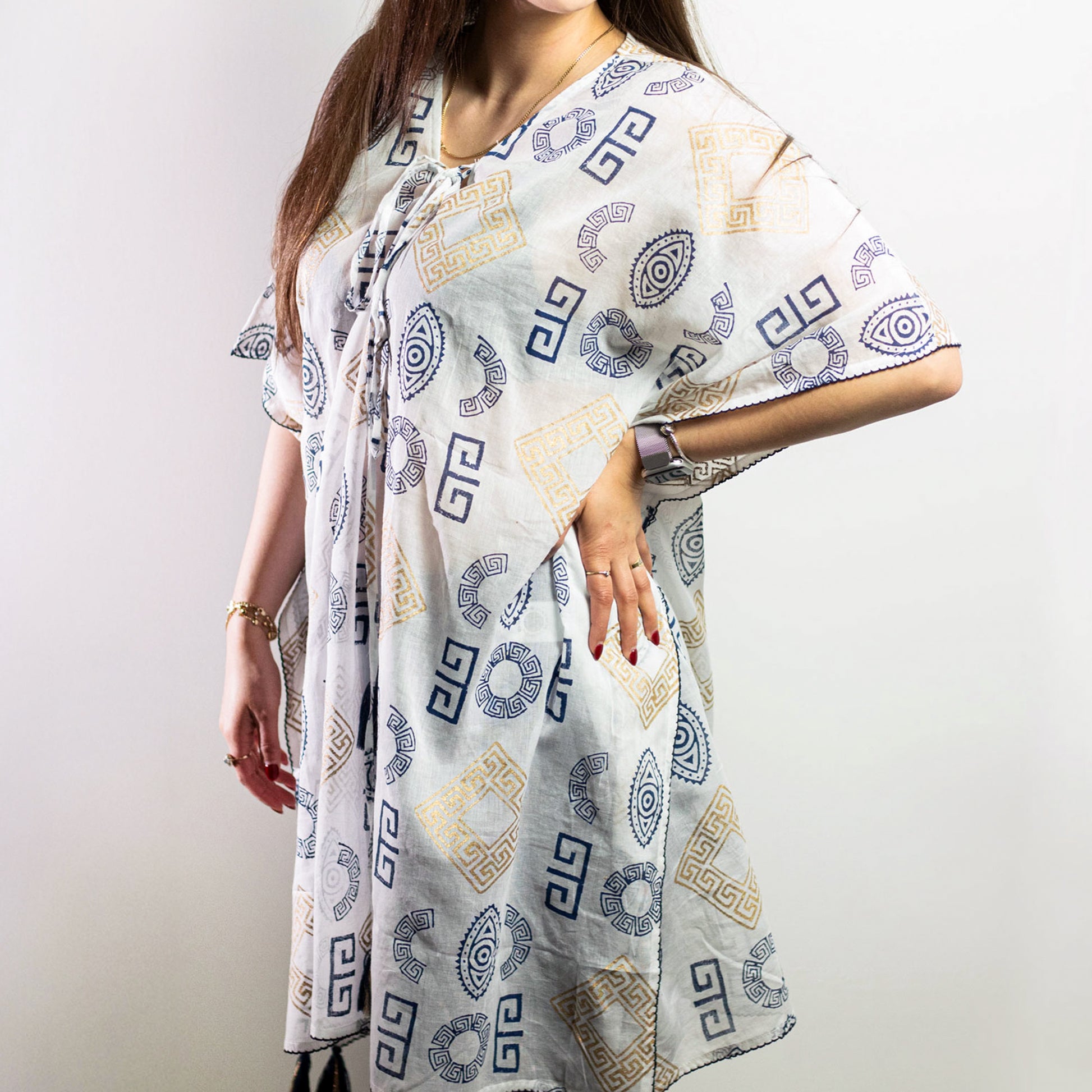 Hand-painted Nomad Sari On the Med Collection - Kaftan - Choose your Design showcases vibrant Greek motifs in lightweight fabric.