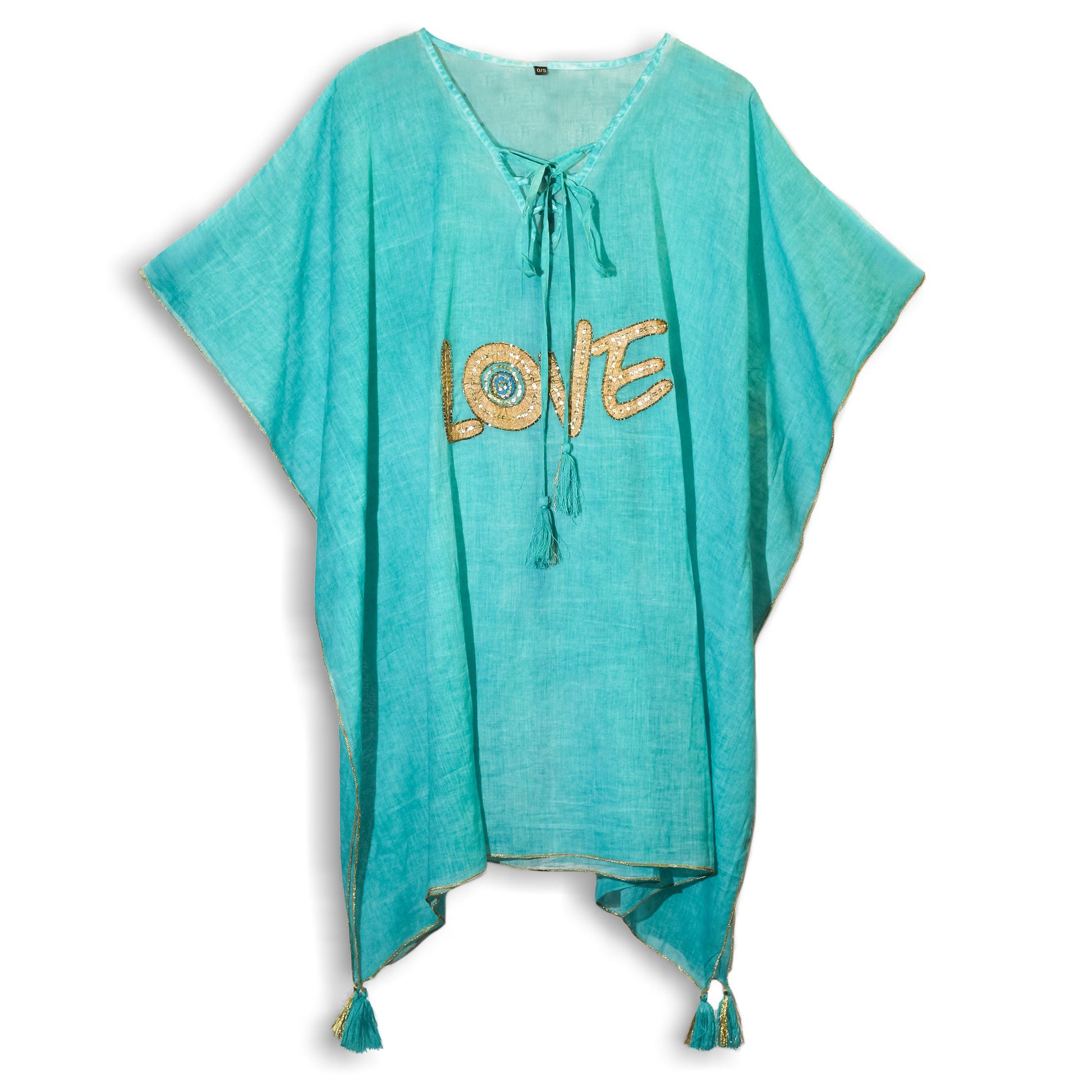 Lightweight turquoise kaftan from the Nomad Sari On the Med Collection - Kaftan - Choose your Design, featuring 'LOVE' embellishments.