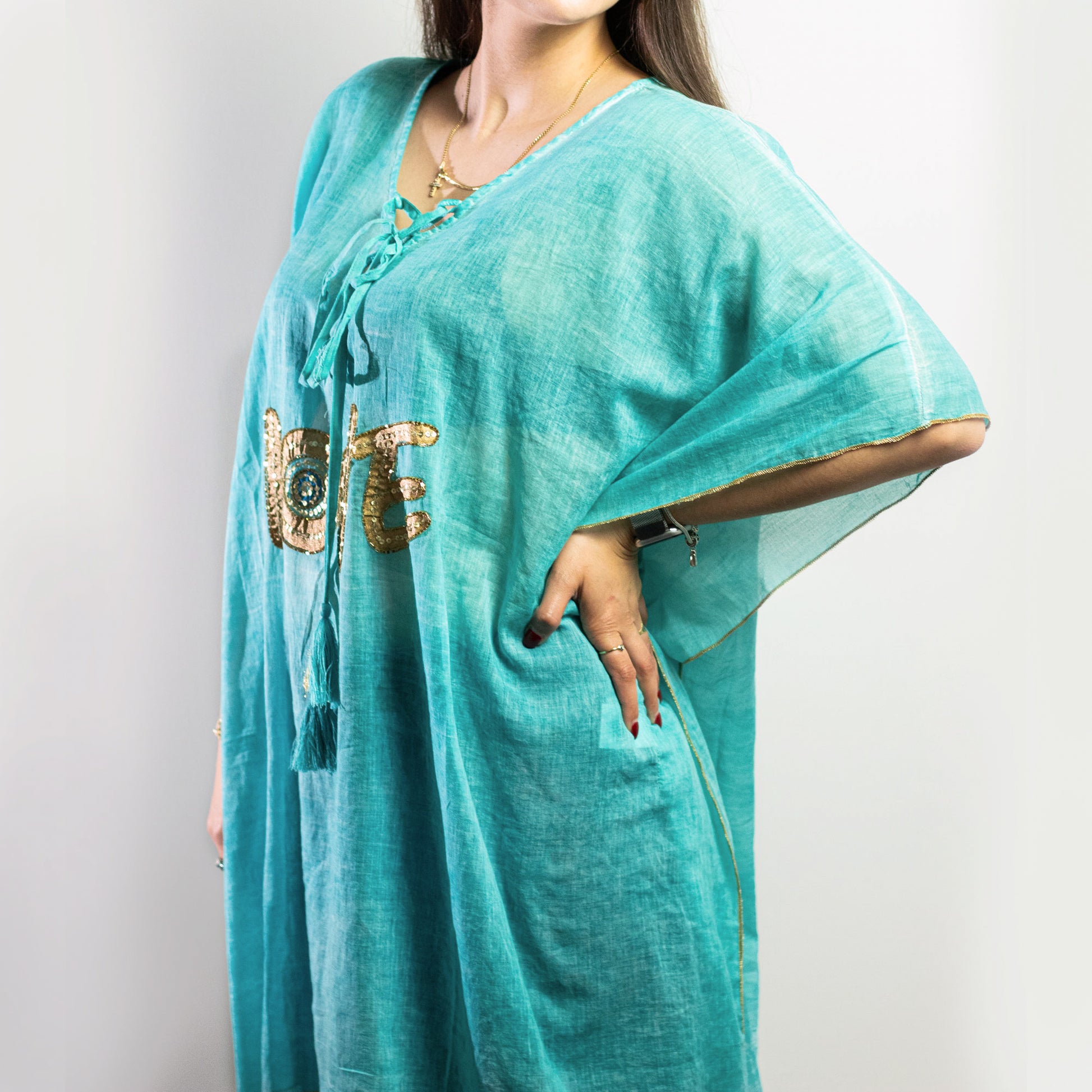 Hand-painted Nomad Sari On the Med Collection - Kaftan - Choose your Design in vibrant turquoise, perfect for summer.