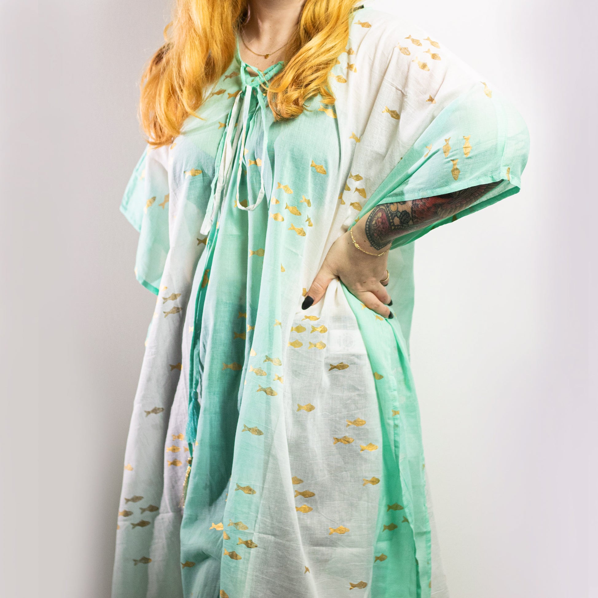 Nomad Sari On the Med Collection - Kaftan - Choose your Design showcases a vibrant fish pattern in soft, lightweight fabric.