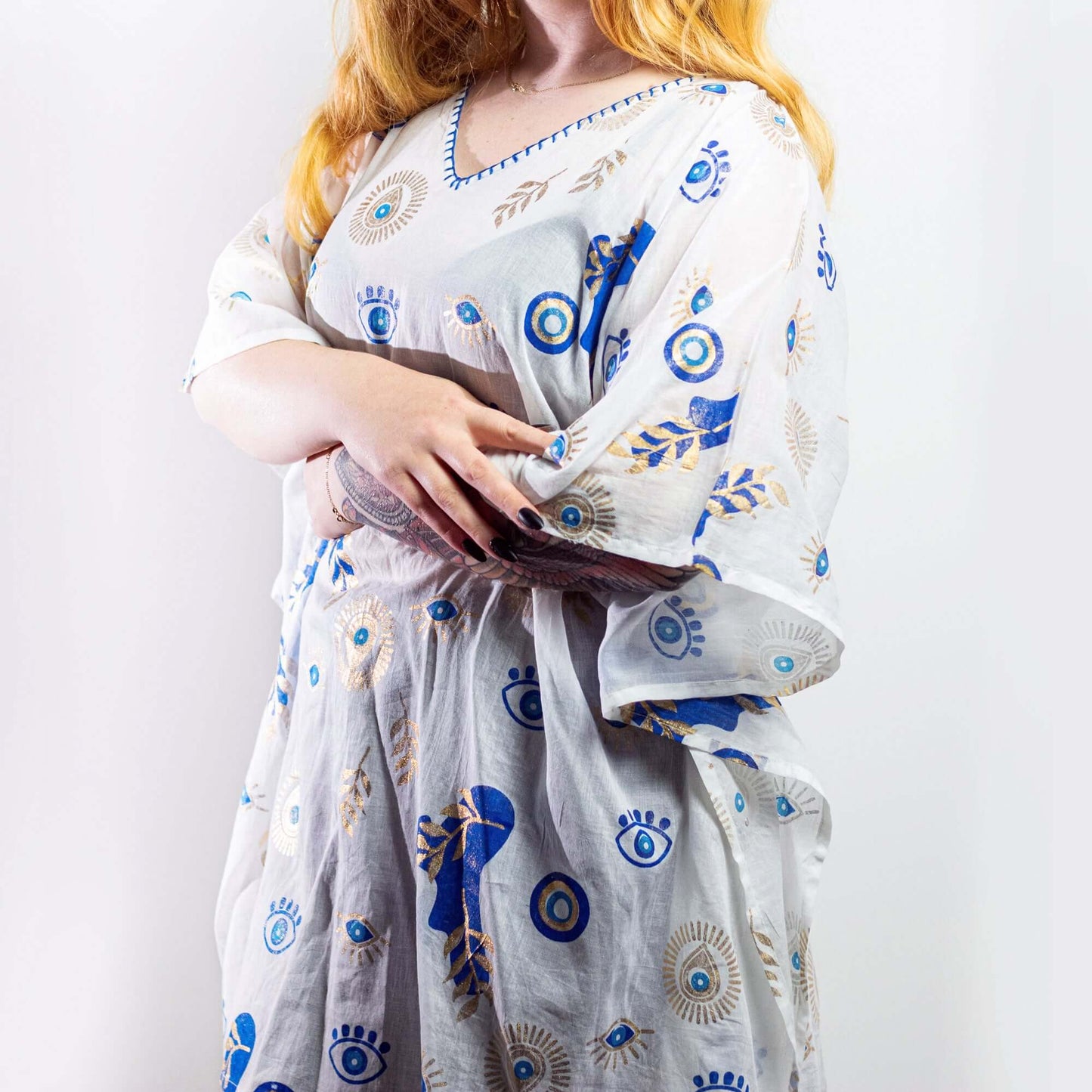 Stylish Nomad Sari On the Med Collection - Kaftan - Choose your Design showcases vibrant hand-painted patterns.