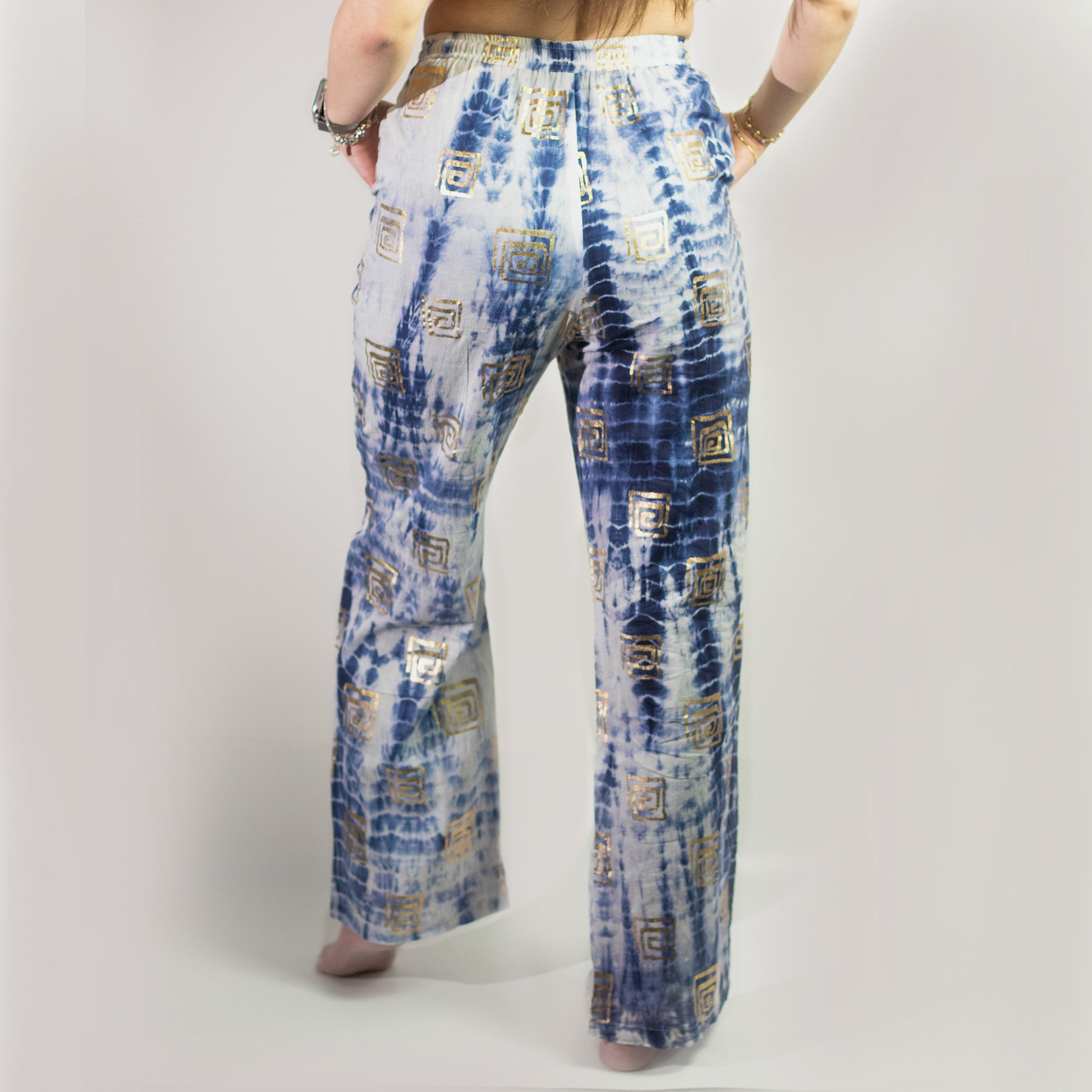 Stylish Nomad Sari On the Med Collection - Lounge Pants - Gold with a blue Greek motif, perfect for summer holidays.