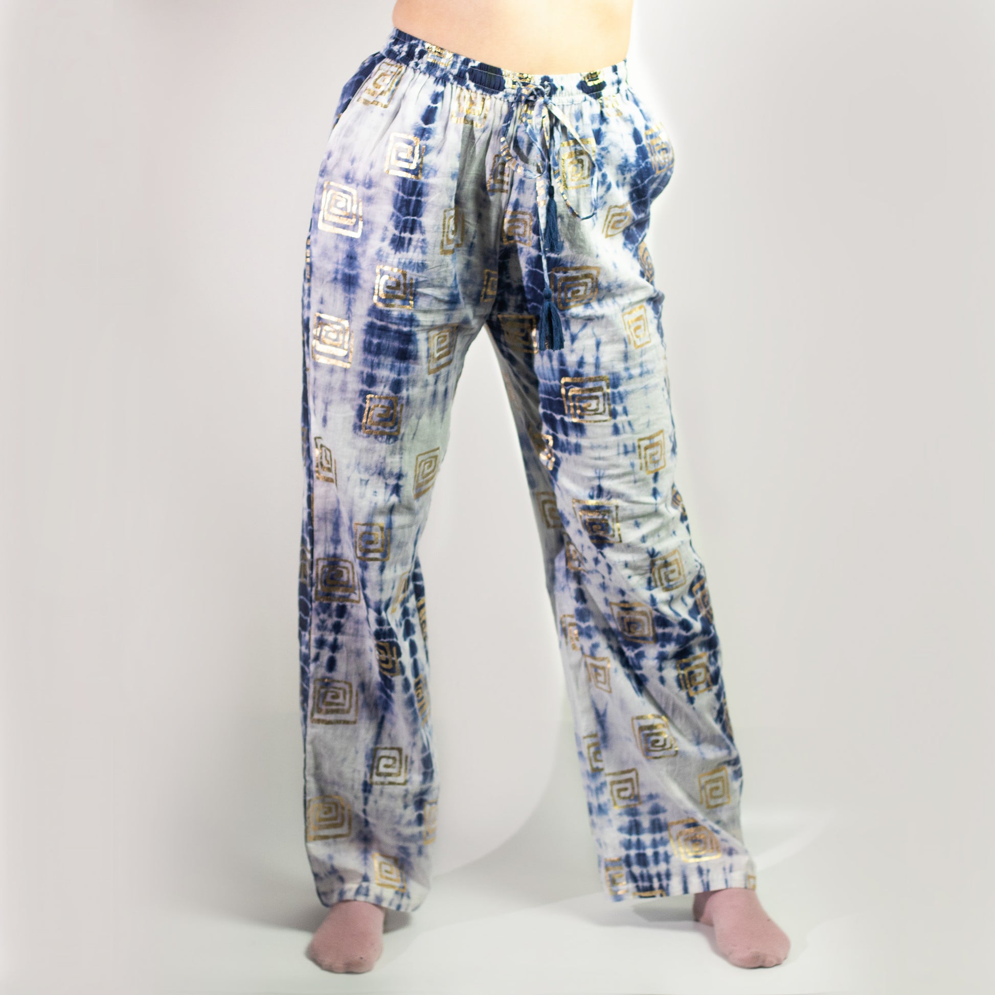 Nomad Sari On the Med Collection - Lounge Pants - Gold feature a handpainted Greek motif in lightweight cotton.