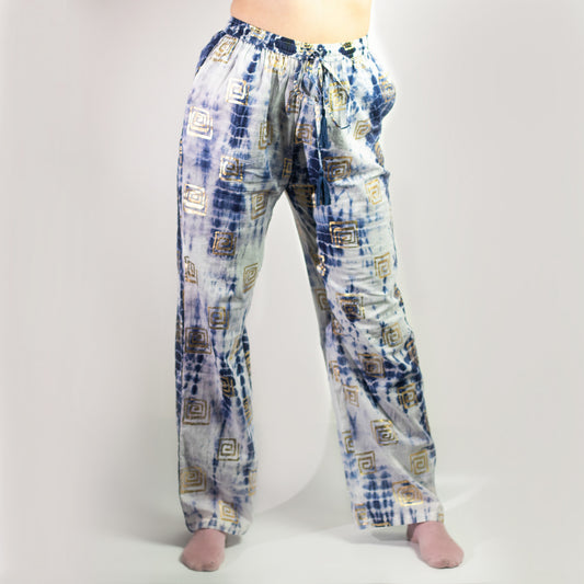 Nomad Sari On the Med Collection - Lounge Pants - Gold feature a handpainted Greek motif in lightweight cotton.