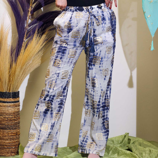 Nomad Sari On the Med Collection - Lounge Pants - Gold features a flowy design with a handpainted Greek motif.
