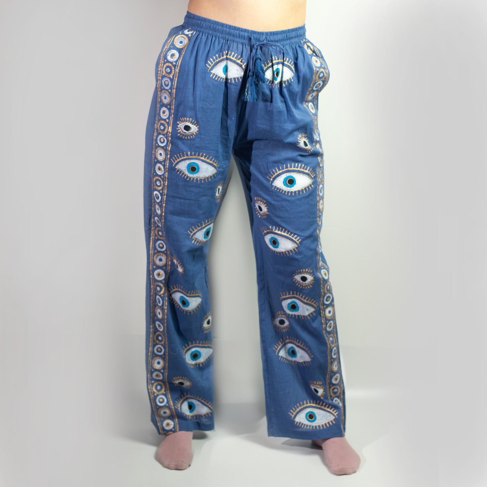 Nomad Sari On the Med Collection - Lounge Pants - Rich Blue with gold hand-painted evil eye design, perfect for casual wear.